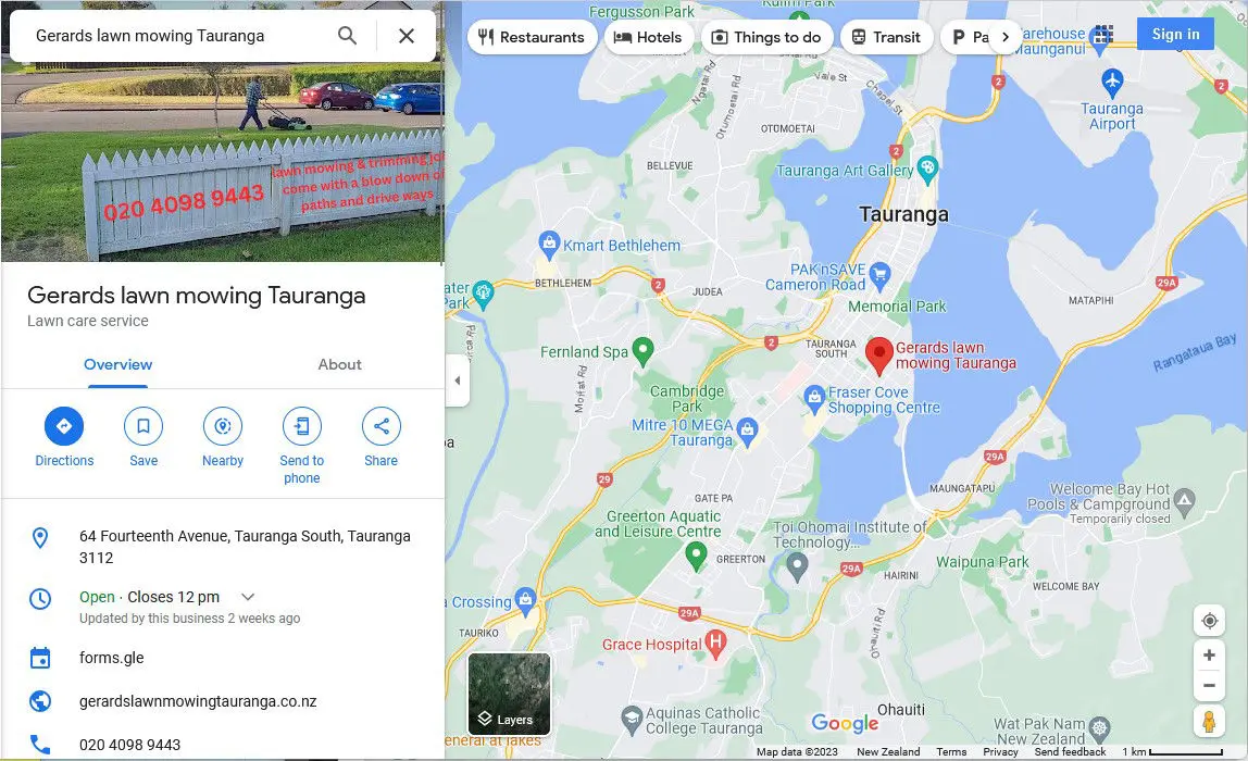 Picture of google maps for Gerard's Lawn mowing Tauranga 